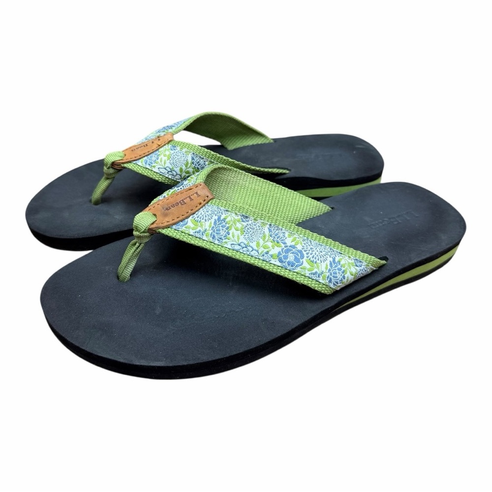 LL Bean size 8 Green and Black Flip Flops with Floral Strap